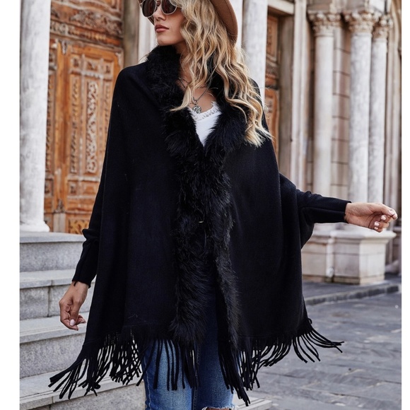 Rouge! Sweaters - Fur and Fringe Detail Open Black Cardigan